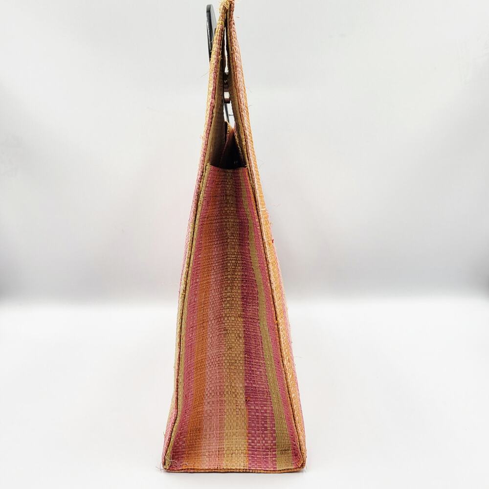 Geometric Rainbow Structured Striped Handbag Tote Bag with Wooden Handles - Picture 4 of 12